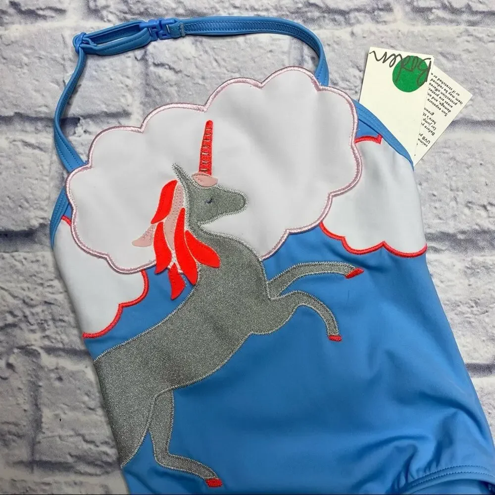 Mini Boden Unicorn Appliqué Swimsuit in Cloud Blue Unicorn